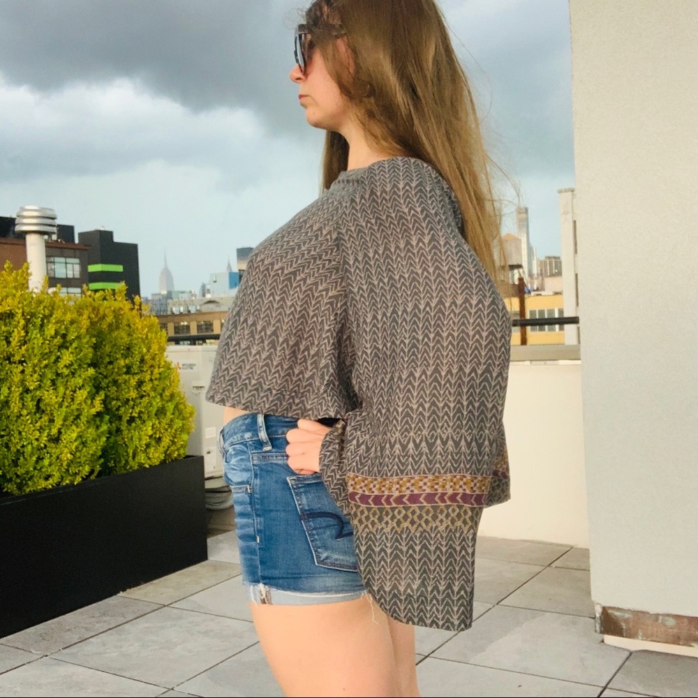 Free People Geometric Abstract Chevron Boatneck Statement Flare Bell Sleeve Top - Picture 13 of 16